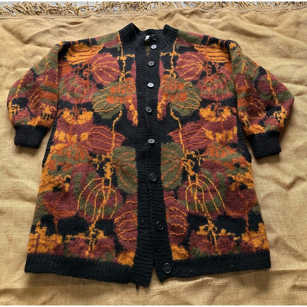 Vintage 1990 Needleworks Hand Knit Wool Cardigan Sweater OSFA Abstract Boho Art